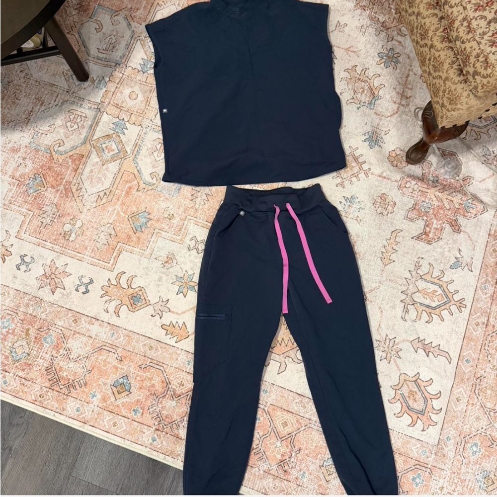 Figs Navy Scrub Set with Pink Drawstring